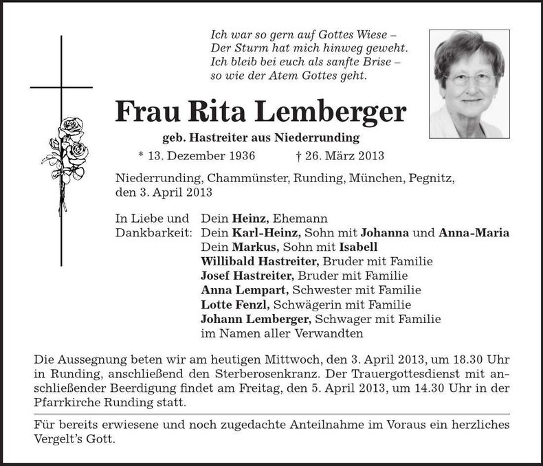 Traueranzeige Rita Lemberger