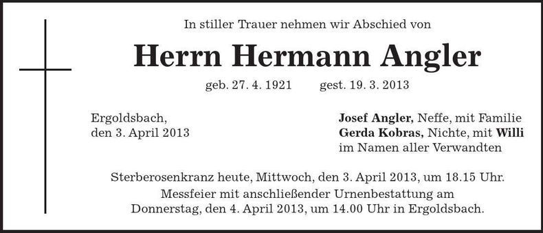 Traueranzeige Hermann Angler
