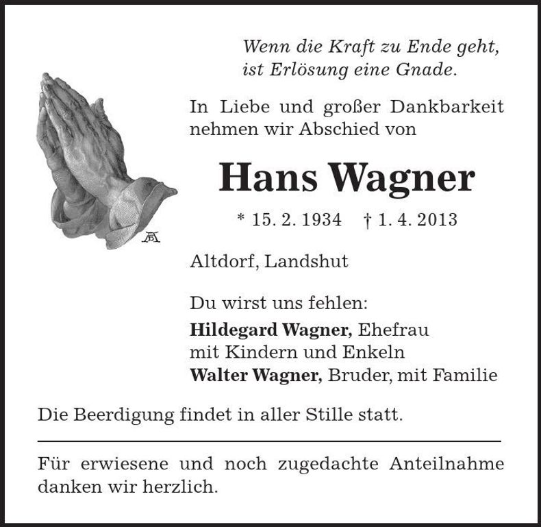 Traueranzeige Hans Wagner