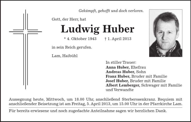 Traueranzeige Ludwig Huber