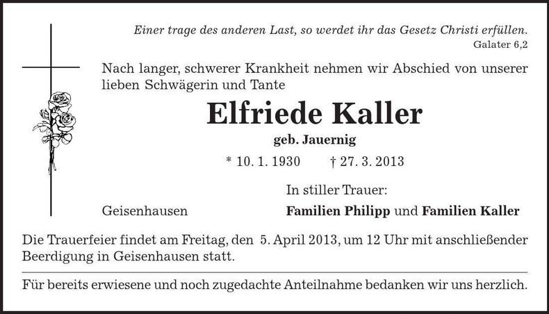 Traueranzeige Elfriede Kaller
