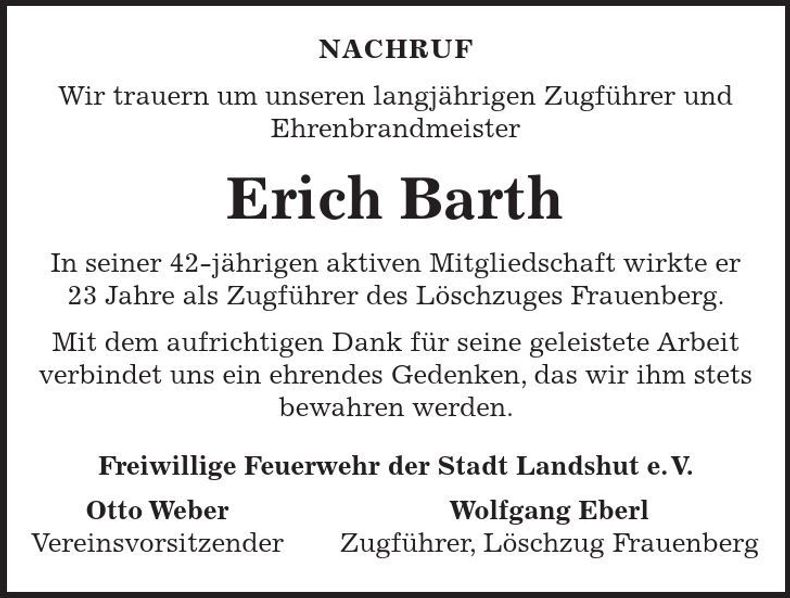 Traueranzeige Erich Barth