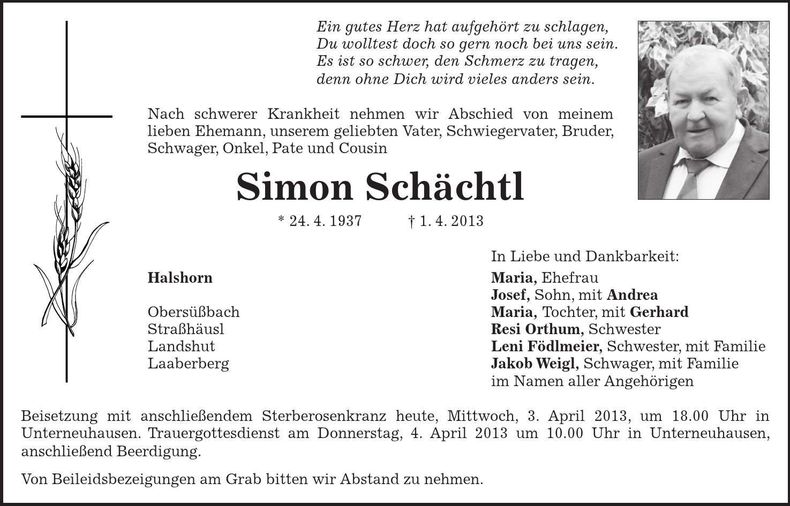 Traueranzeige Simon Schächtl
