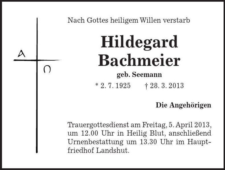 Traueranzeige Hildegard Bachmeier
