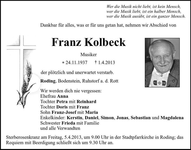 Traueranzeige Franz Kolbeck