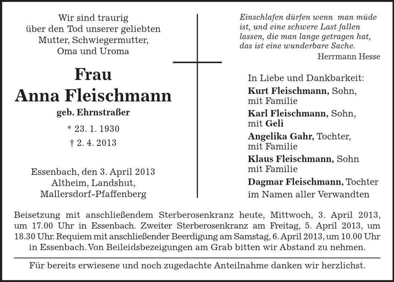 Traueranzeige Anna Fleischmann