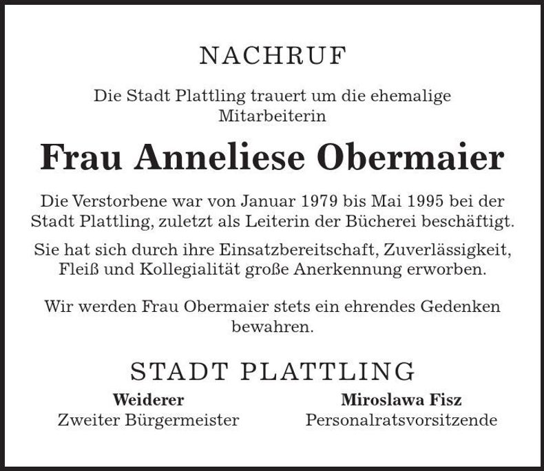 Traueranzeige Anneliese Obermaier