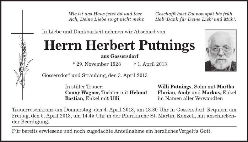 Traueranzeige Herbert Putnings
