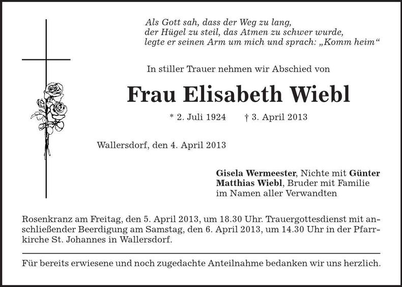 Traueranzeige Elisabeth Wiebl