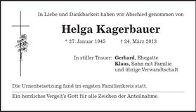 Traueranzeige Helga Kagerbauer