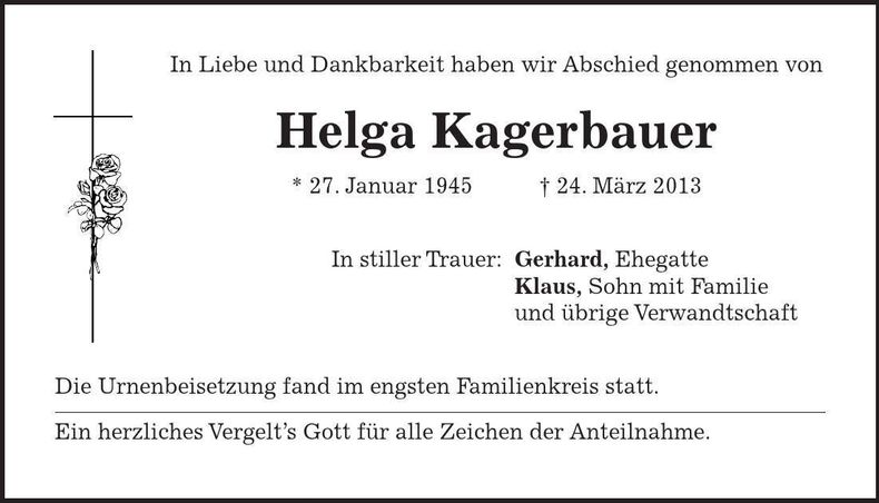 Traueranzeige Helga Kagerbauer