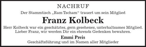 Traueranzeige Franz Kolbeck