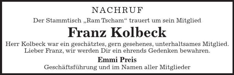 Traueranzeige Franz Kolbeck