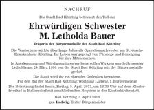 Traueranzeige M. Letholda Bauer