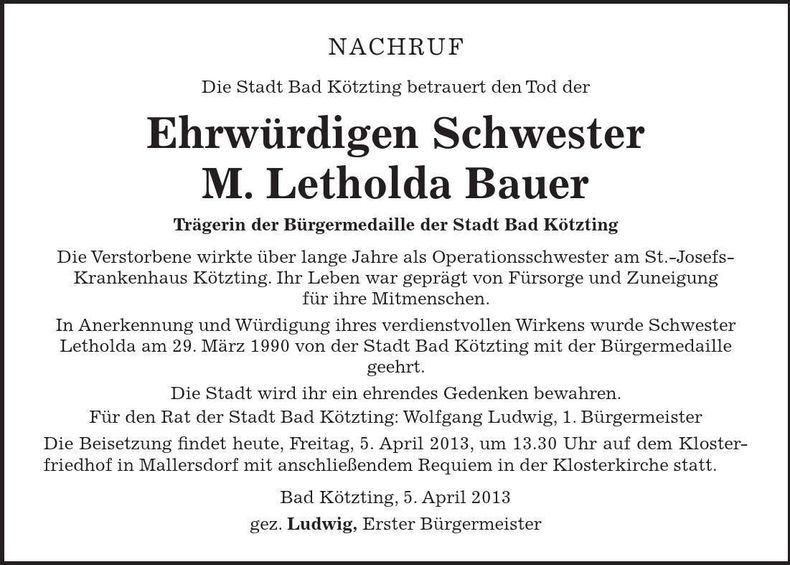 Traueranzeige M. Letholda Bauer