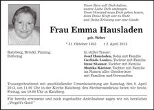 Traueranzeige Emma Hausladen