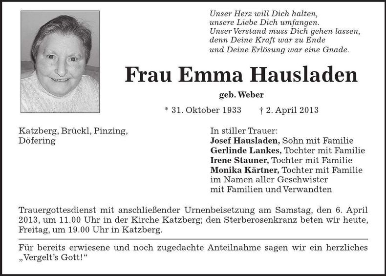 Traueranzeige Emma Hausladen