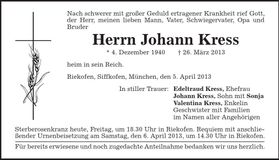 Traueranzeige Johann Kress