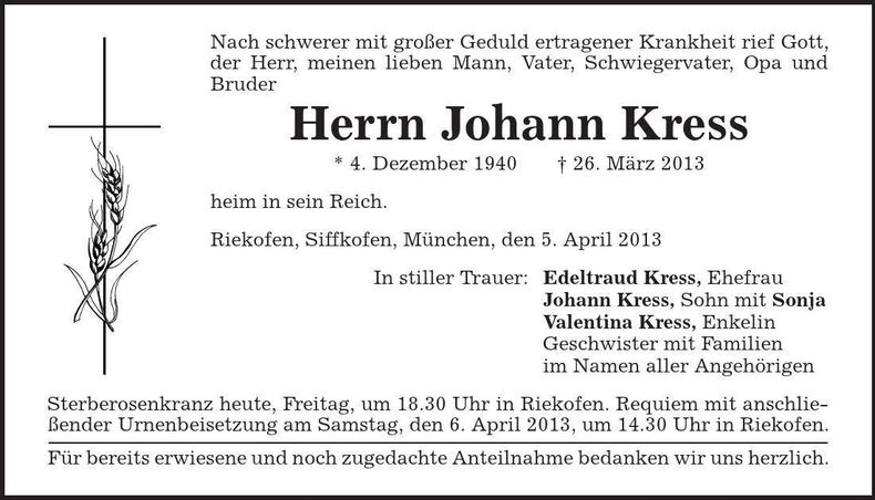 Traueranzeige Johann Kress