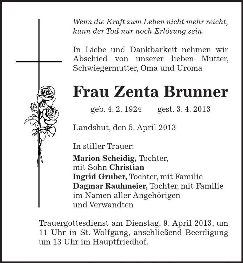 Traueranzeige Zenta Brunner