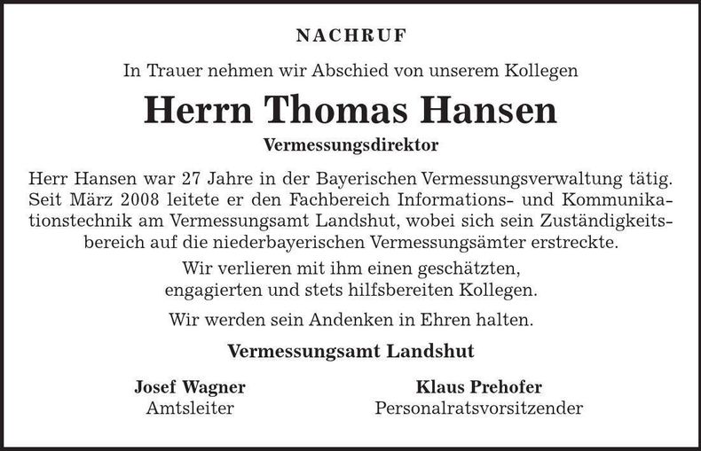 Traueranzeige Thomas Hansen