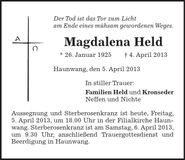 Traueranzeige Magdalena Held