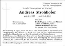 Traueranzeige Andreas Strohhofer
