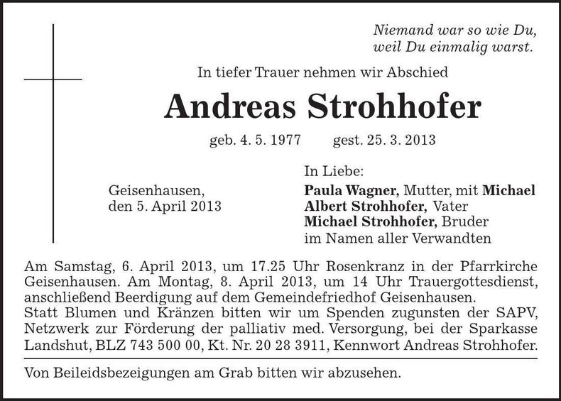 Traueranzeige Andreas Strohhofer