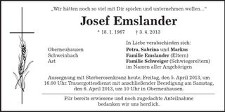 Traueranzeige Josef Emslander