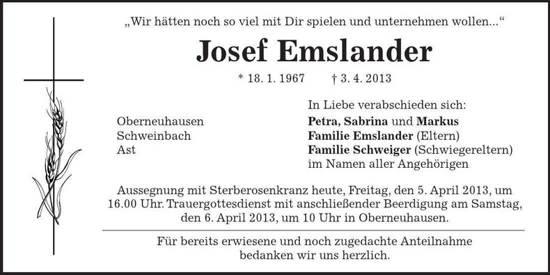 Traueranzeige Josef Emslander