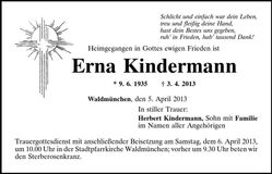 Traueranzeige Erna Kindermann