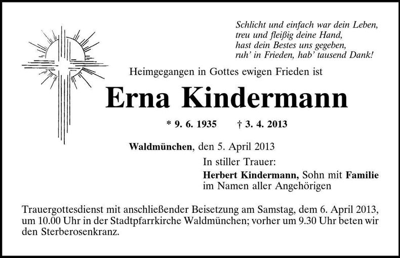 Traueranzeige Erna Kindermann