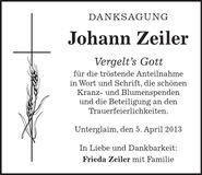 Traueranzeige Johann Zeiler