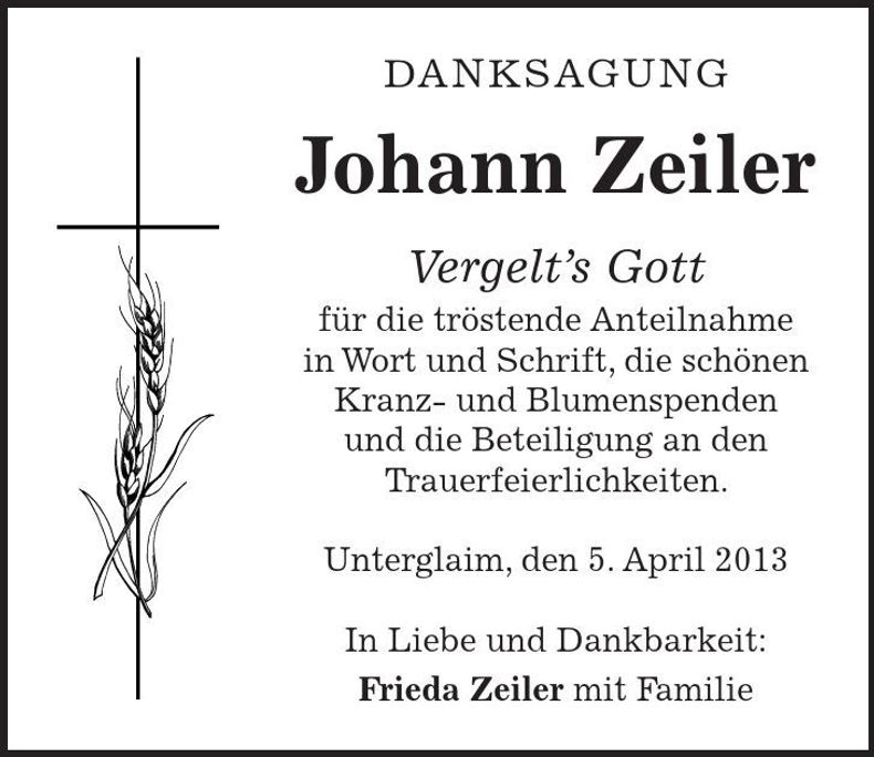 Traueranzeige Johann Zeiler