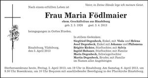 Traueranzeige Maria Födlmeier