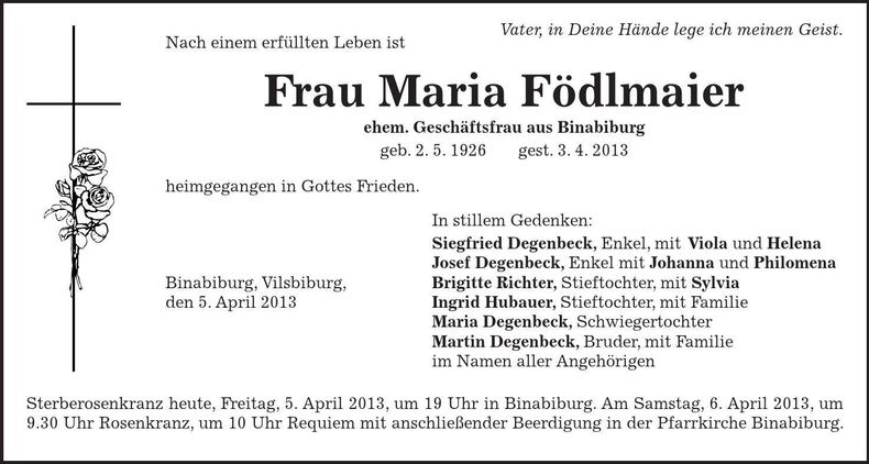 Traueranzeige Maria Födlmeier