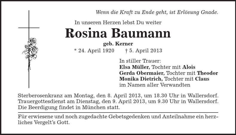 Traueranzeige Rosina Baumann