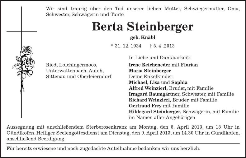 Traueranzeige Berta Steinberger