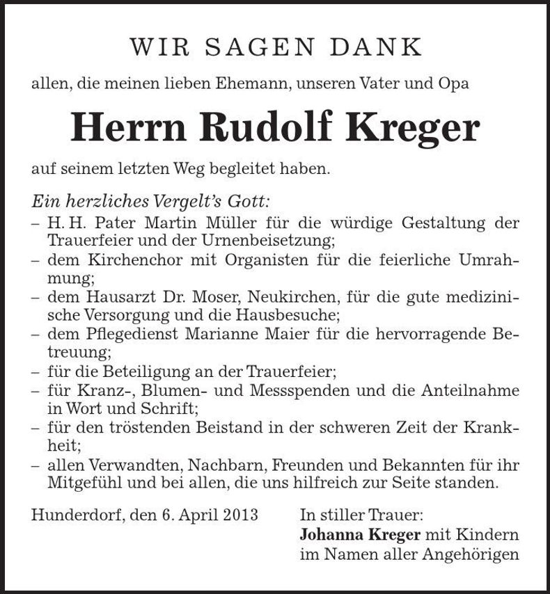 Traueranzeige Rudolf Kreger