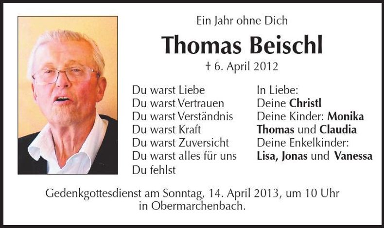 Traueranzeige Thomas Beischl