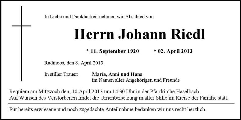 Traueranzeige Johann Riedl