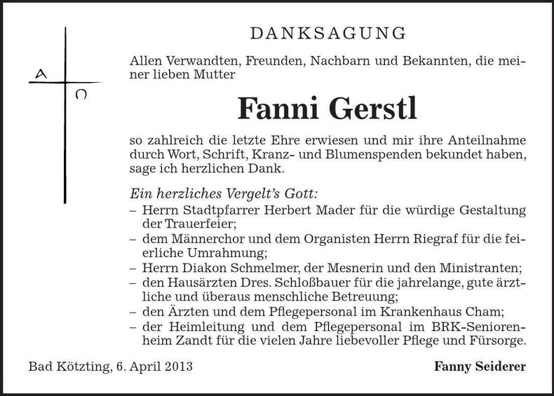 Traueranzeige Fanni Gerstl
