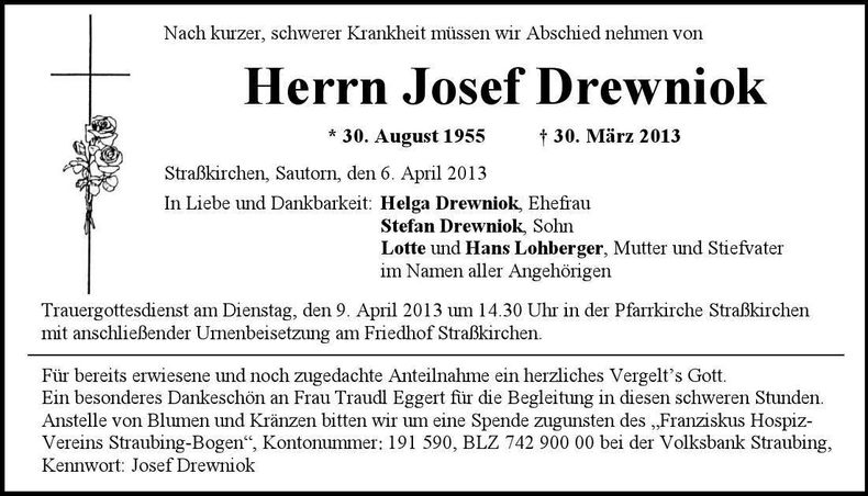 Traueranzeige Josef Drewniok