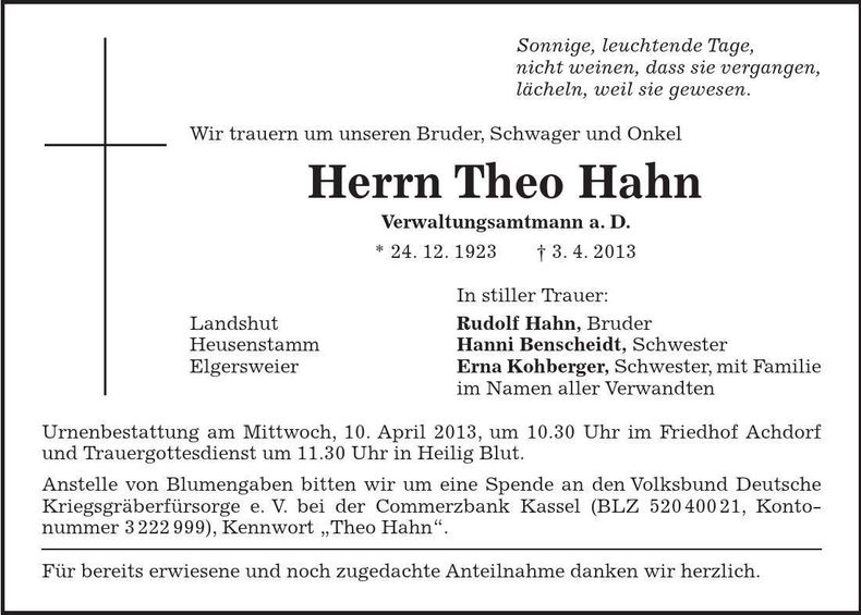 Traueranzeige Theo Hahn