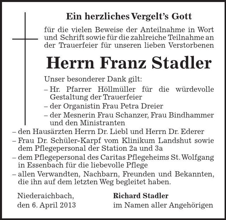 Traueranzeige Franz Stadler