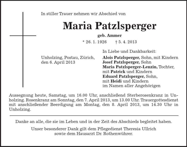 Traueranzeige Maria Patzlsperger