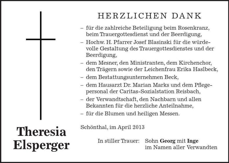 Traueranzeige Theresia Elsperger