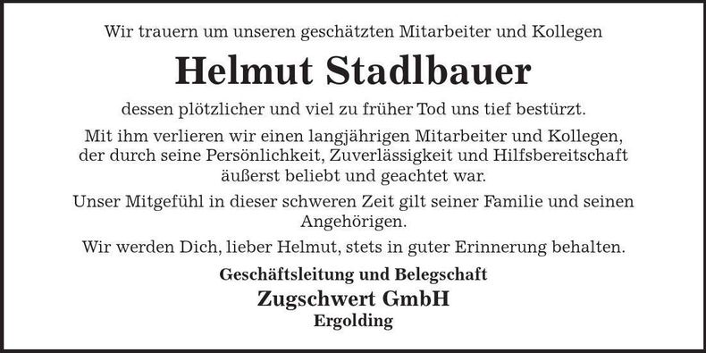 Traueranzeige Hans Gruber