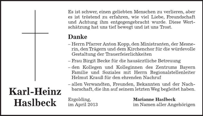 Traueranzeige Karl-Heinz Haslbeck