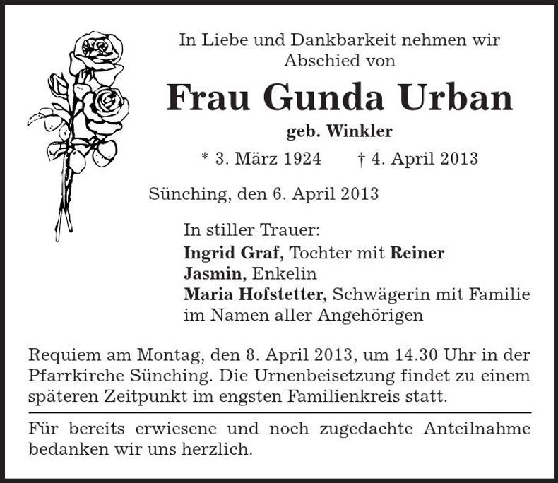 Traueranzeige Gunda Urban